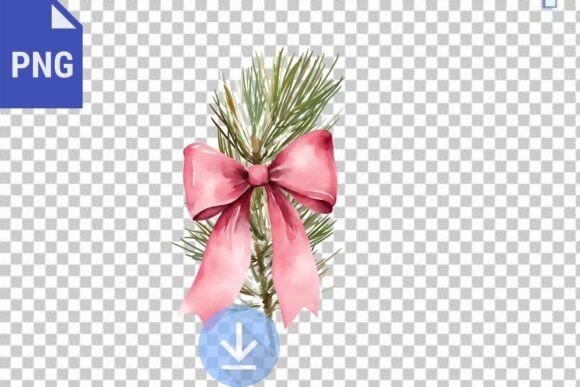 Coquette Christmas Branch, Pink Bow PNG Illustrations