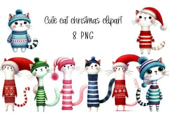 Cute Cat Christmas Clip Art V4: Illustrations for Holiday Branding