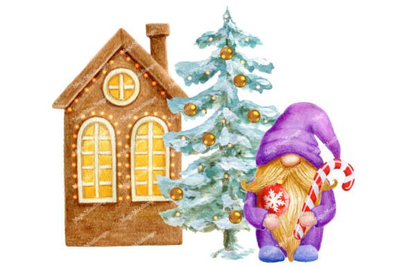 Gnome Christmas Tree House Watercolor Illustrations