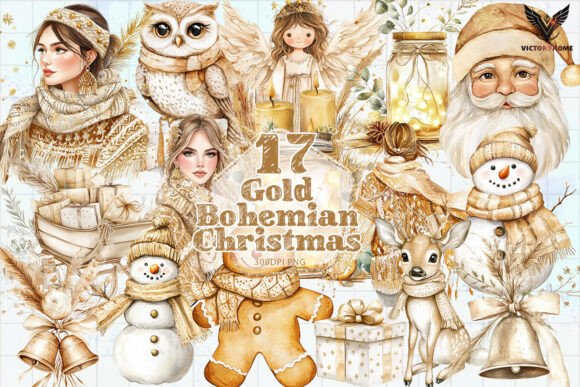 Gold Bohemian Christmas Clipart PNG for Illustrations