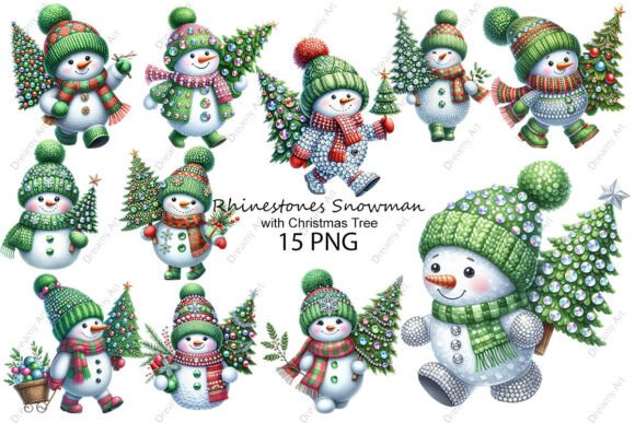 Rhinestones Snowman with Christmas Tree Illustrations